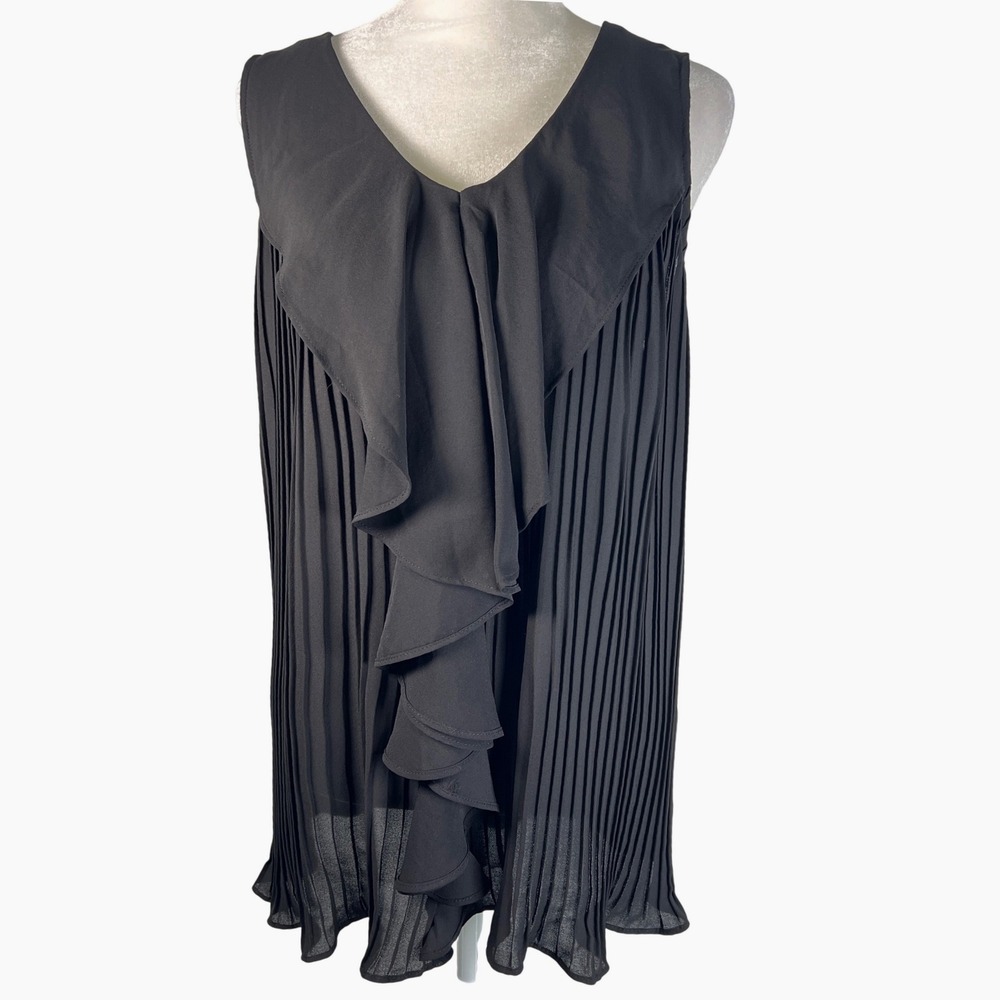 Jennie & Marlis Black Pleated Ruffle Chiffon V-Neck Sleeveless Blouse 1X NWT
